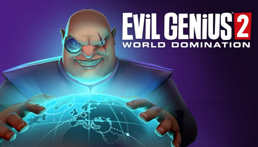 Official cover art for the strategy game Evil Genius 2: World Domination featuring a stylized villain protagonist.