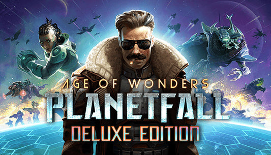 Official cover art for Age of Wonders: Planetfall Deluxe Edition featuring futuristic soldiers and sci-fi landscapes.