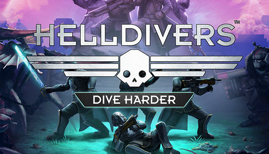 Official cover art for HELLDIVERS Dive Harder Edition featuring a team of futuristic soldiers in a tactical formation.