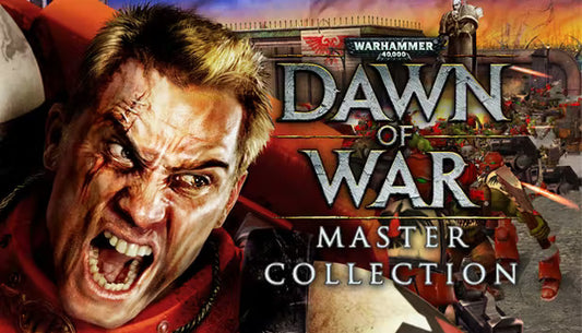 Official cover art for Warhammer 40,000: Dawn of War - Master Collection featuring space marines in a battle scene.