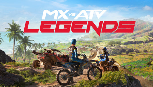Vibrant cover art for MX vs ATV Legends showing two racers on dirt bikes overlooking a sprawling off-road coastal track filled with other riders on motorcycles and ATVs.