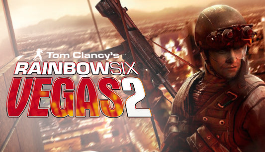 Official cover art for the tactical shooter Tom Clancy's Rainbow Six Vegas 2 featuring elite soldiers in urban combat.
