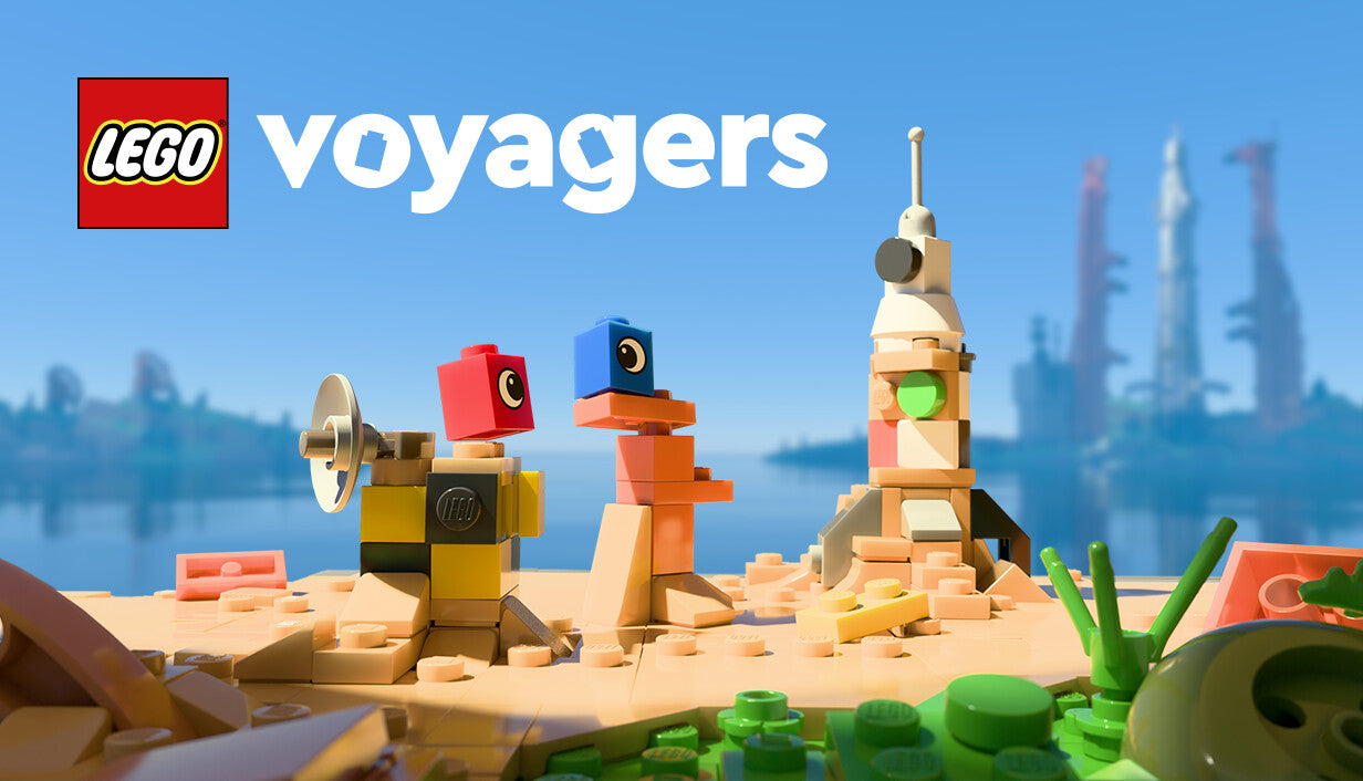 Official cover art for the adventure game LEGO Voyagers featuring a colorful isometric scene with pirate and space themes.