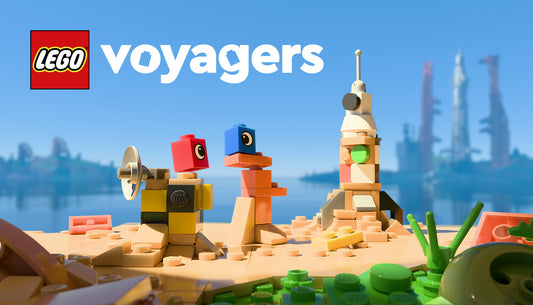 Official cover art for the adventure game LEGO Voyagers featuring a colorful isometric scene with pirate and space themes.