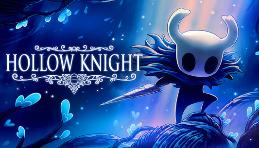 Hand-drawn cover art for the Metroidvania game Hollow Knight featuring the main character holding a nail.