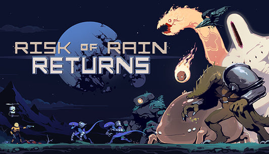 Official cover art for the action roguelike game Risk of Rain Returns featuring a stylized sci-fi landscape.