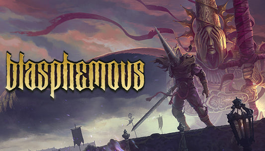 Official cover art for the action-adventure game Blasphemous, featuring dark, pixelated gothic imagery.