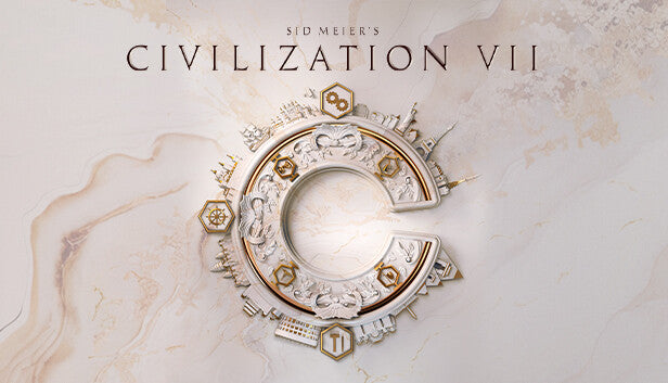 Official cover art for the strategy game Sid Meier's Civilization VII featuring historical architecture and a sunset.