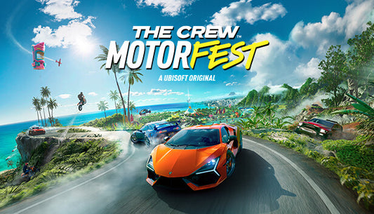 Official cover art for The Crew Motorfest featuring high-performance cars racing through a lush, tropical environment.