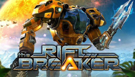 Official cover art for the base-building action game The Riftbreaker, showing a pilot in a large mech suit.