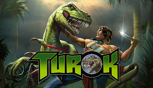 Official cover art for the FPS action game Turok featuring a warrior facing a dinosaur in a prehistoric jungle.