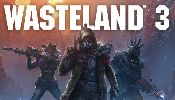 Official cover art for the post-apocalyptic RPG Wasteland 3 featuring characters in a snowy, rugged landscape.