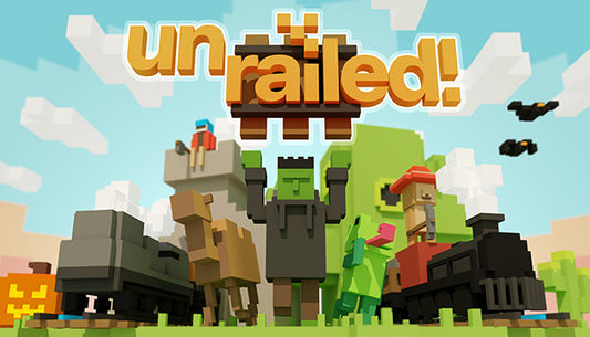 Official cover art for the co-op railroad construction game Unrailed! featuring blocky characters on a train.