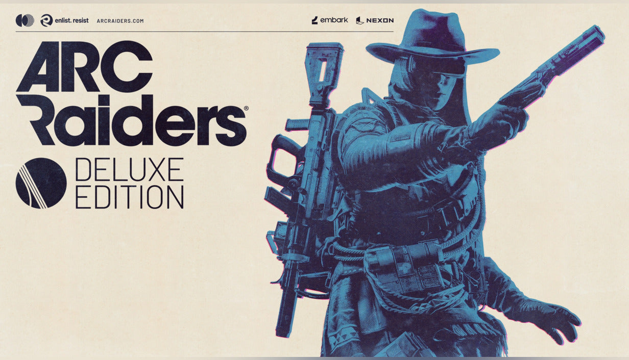 Stylized blue and cream duotone cover art for Arc Raiders - Deluxe Edition featuring a character in a wide-brimmed cowboy hat and tactical visor aiming a high-tech weapon.