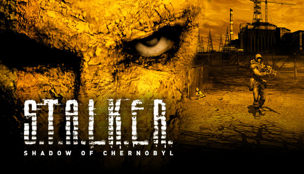Official cover art for the post-apocalyptic game S.T.A.L.K.E.R.: Shadow of Chernobyl featuring a figure in a gas mask.