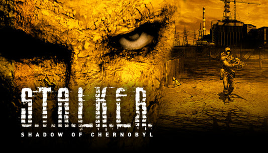 Official cover art for the post-apocalyptic game S.T.A.L.K.E.R.: Shadow of Chernobyl featuring a figure in a gas mask.
