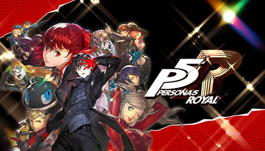 Official cover art for the JRPG Persona 5 Royal featuring the protagonist Joker and several main characters in a stylized red and black design.