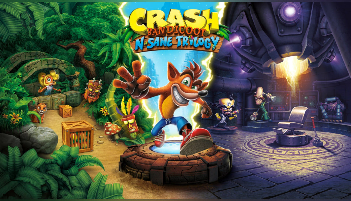 Official cover art for the platforming game Crash Bandicoot N. Sane Trilogy featuring Crash Bandicoot on a vibrant background.