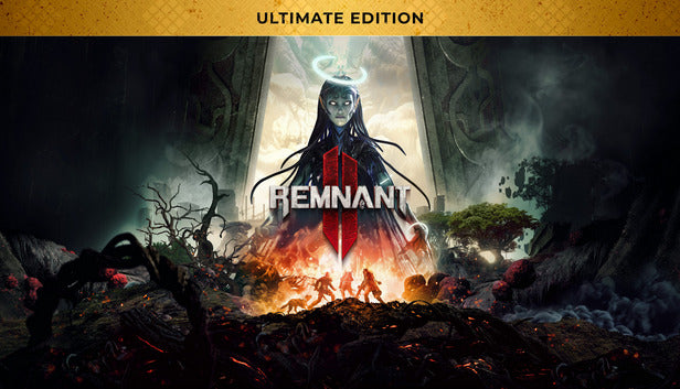 Official cover art for Remnant II Ultimate Edition, featuring survivors below a giant, glowing-eyed entity with a halo.