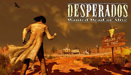 Official cover art for the strategy game Desperados: Wanted Dead or Alive featuring a group of Western outlaws.