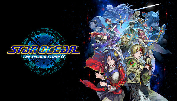 Cover art for Star Ocean: The Second Story R, depicting protagonists Claude and Rena in the foreground with a large cast of supporting characters arrayed against a starry space backdrop.