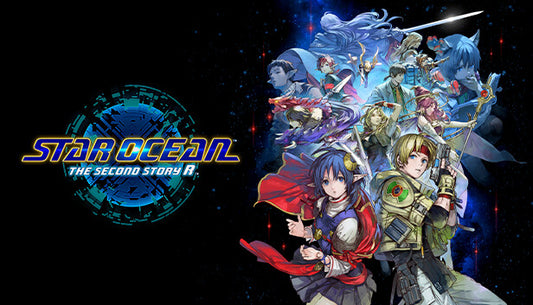 Cover art for Star Ocean: The Second Story R, depicting protagonists Claude and Rena in the foreground with a large cast of supporting characters arrayed against a starry space backdrop.