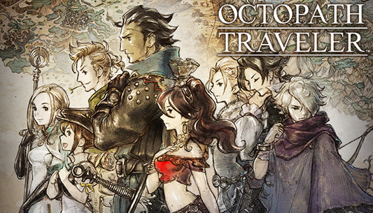 Cover art for the RPG Octopath Traveler featuring the eight distinct protagonists gathered together.