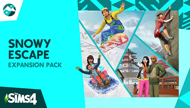 Official cover art for The Sims 4 Snowy Escape Expansion Pack featuring Sims enjoying winter activities in a mountain setting.