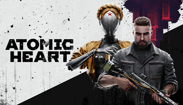 Official cover art for the action RPG Atomic Heart featuring a stylized character against a dystopian sci-fi background.