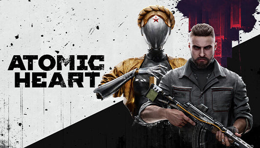 Official cover art for the action RPG Atomic Heart featuring a stylized character against a dystopian sci-fi background.
