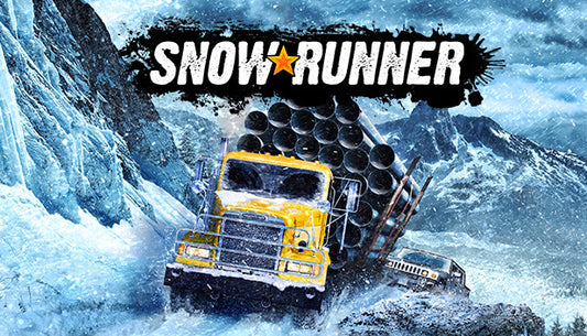Official cover art for the offroad simulation game SnowRunner featuring a heavy truck navigating a snowy landscape.