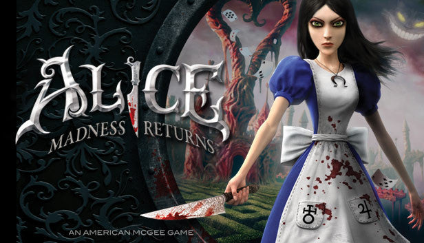 Official cover art for Alice: Madness Returns featuring Alice in a blue dress holding a bloody Vorpal Blade.