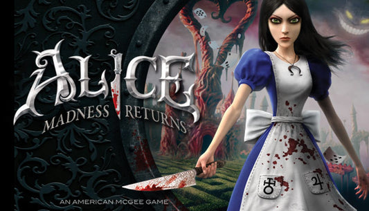Official cover art for Alice: Madness Returns featuring Alice in a blue dress holding a bloody Vorpal Blade.