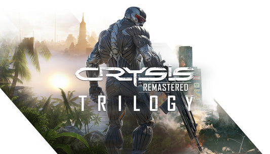 Official cover art for Crysis Remastered Trilogy featuring Nomad in a Nanosuit holding a weapon against a tropical backdrop.
