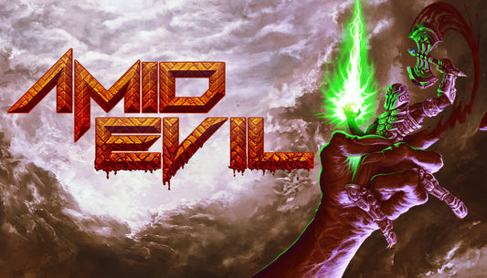 Official cover art for the retro-inspired first-person shooter AMID EVIL featuring a magical staff and surreal landscapes.