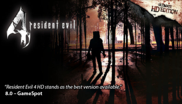Official cover art for the survival horror game Resident Evil 4 (2005) featuring a dark and atmospheric forest scene.