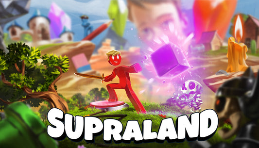 Official cover art for the Metroidvania game Supraland featuring a small red toy-like character in a colorful 3D world.