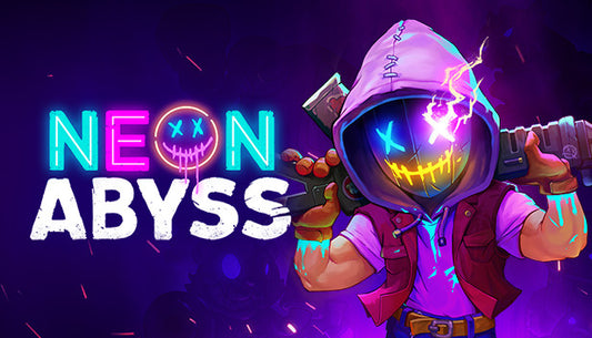Action-packed pixel art cover for the roguelike game Neon Abyss featuring a character with a neon-glowing mask.