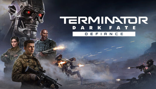 Official cover art for the real-time strategy game Terminator: Dark Fate - Defiance featuring tactical combat and robots.