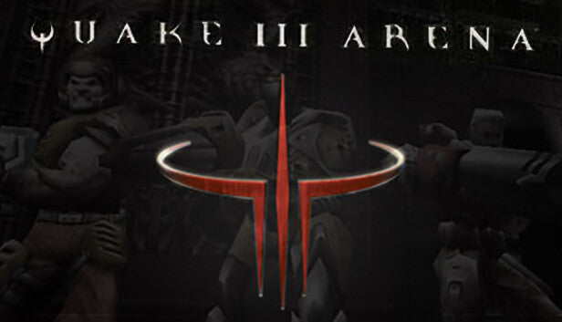 Official cover art for the arena shooter Quake III Arena featuring a metallic, battle-worn logo against a dark background.