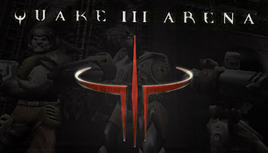 Official cover art for the arena shooter Quake III Arena featuring a metallic, battle-worn logo against a dark background.