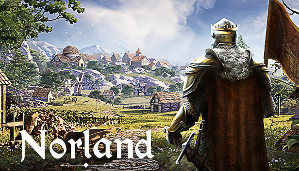 Official cover art for the medieval colony sim Norland featuring a group of stylized characters against a dark background.