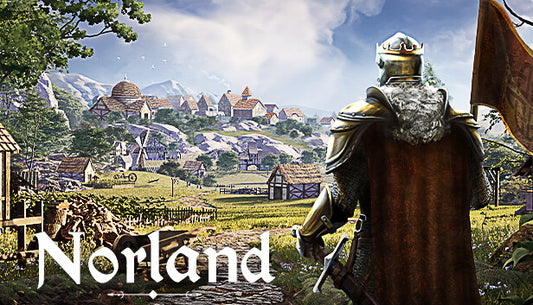 Official cover art for the medieval colony sim Norland featuring a group of stylized characters against a dark background.