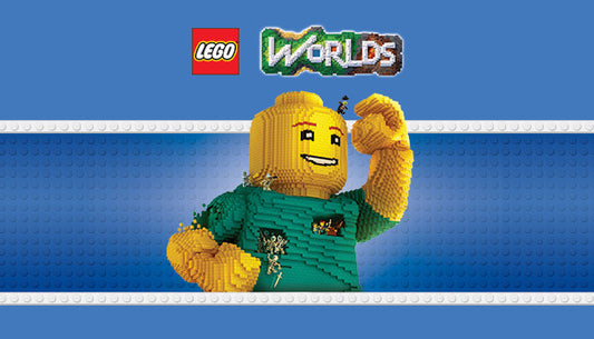 Official cover art for the sandbox building game LEGO Worlds featuring various LEGO characters and structures.