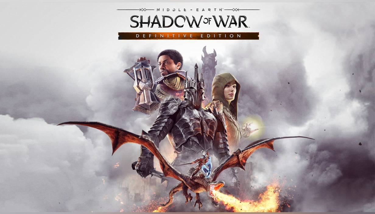 Cover art for Middle-earth: Shadow of War Definitive Edition, illustrating a dark armored figure, a ranger, and an elf standing behind a fire-breathing drake.