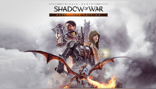 Cover art for Middle-earth: Shadow of War Definitive Edition, illustrating a dark armored figure, a ranger, and an elf standing behind a fire-breathing drake.