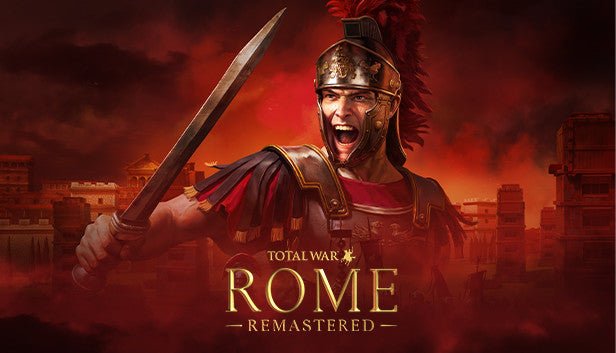 Official cover art for the strategy game Total War: ROME REMASTERED featuring a Roman soldier in gold and red armor.