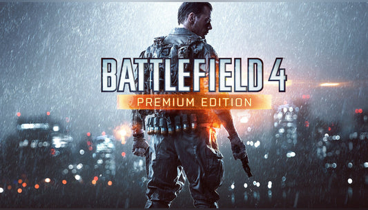 Official cover art for Battlefield 4 Premium Edition featuring a soldier walking through rain with a city skyline background.