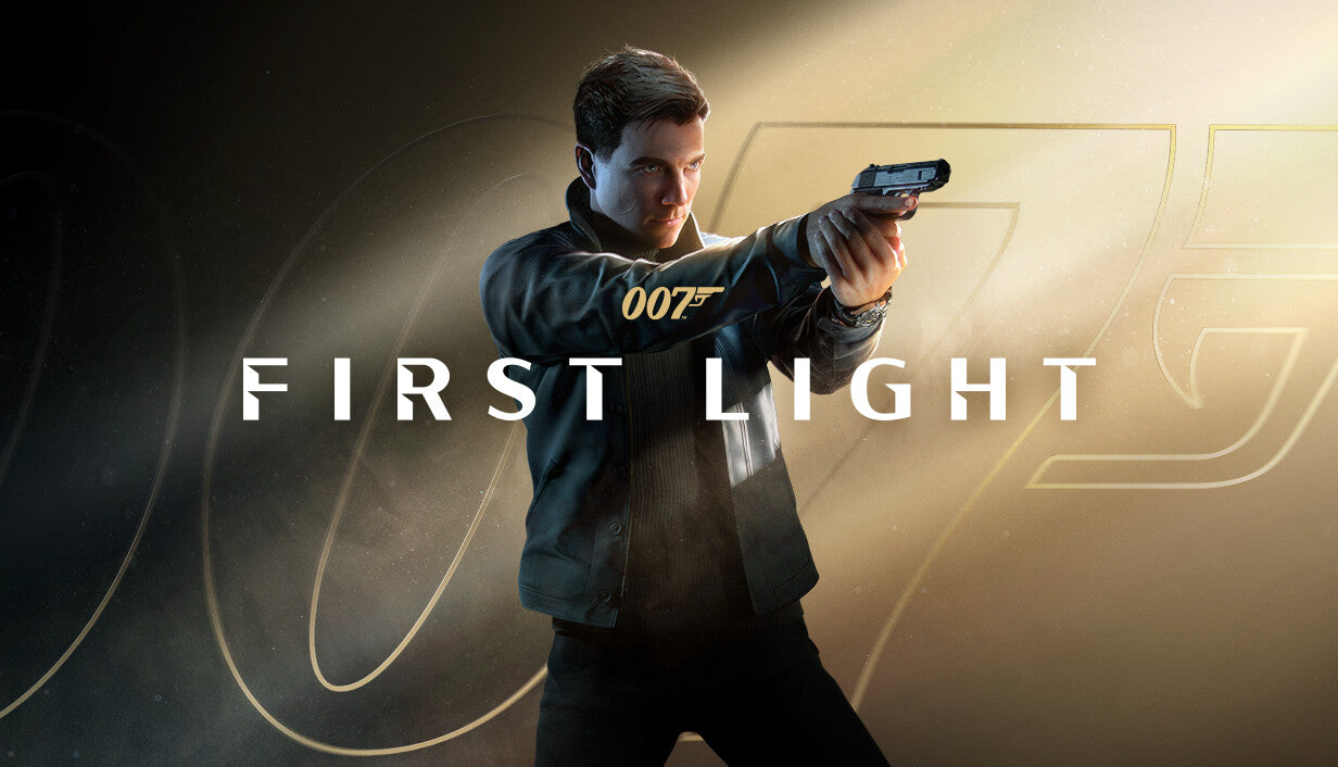 007 First Light cover art featuring James Bond aiming a pistol in a dark jacket against a backdrop of golden light and the 007 logo.