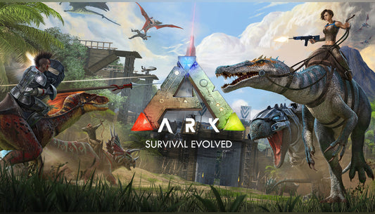 Official cover art for ARK: Survival Evolved on Nintendo Switch featuring a human character and a Tyrannosaurus Rex.